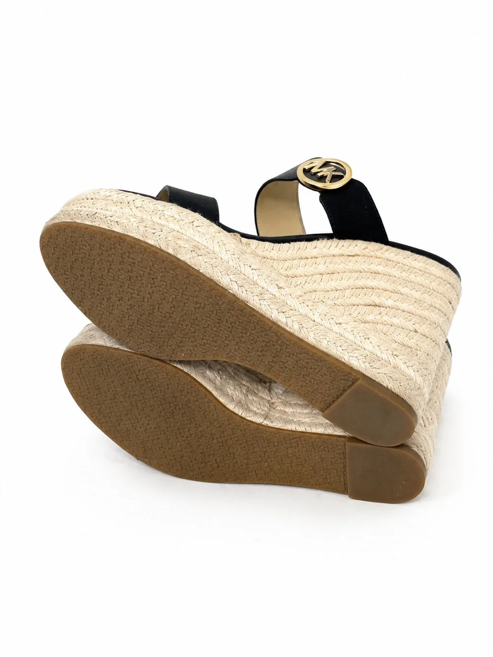 Michael Kors Black Leather Espadrille Wedge Sandals with Gold MK Logo SIZE 6